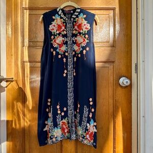 Johnny Was Basil Sleeveless Embroidered Tunic Dress, Navy Blue, Size S